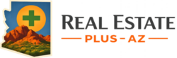 Arizona Real Estate Plus AZ logo featuring Arizona state outline, Camelback Mountain, and green plus symbol