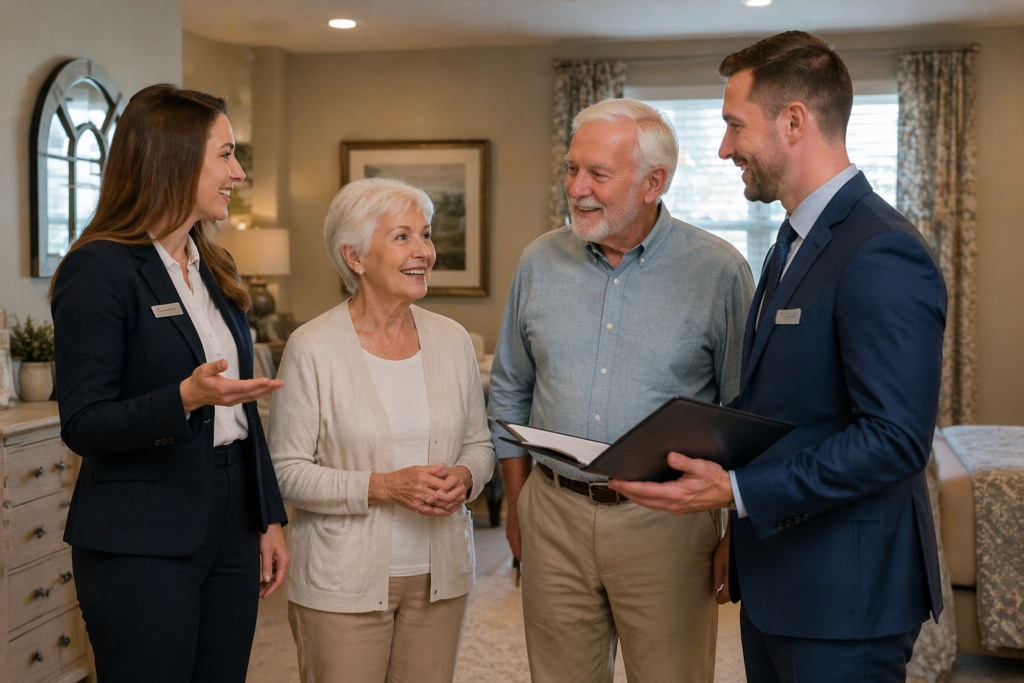 Arizona real estate agents helping an elderly couple tour senior housing options in a residential home in Phoenix Arizona
