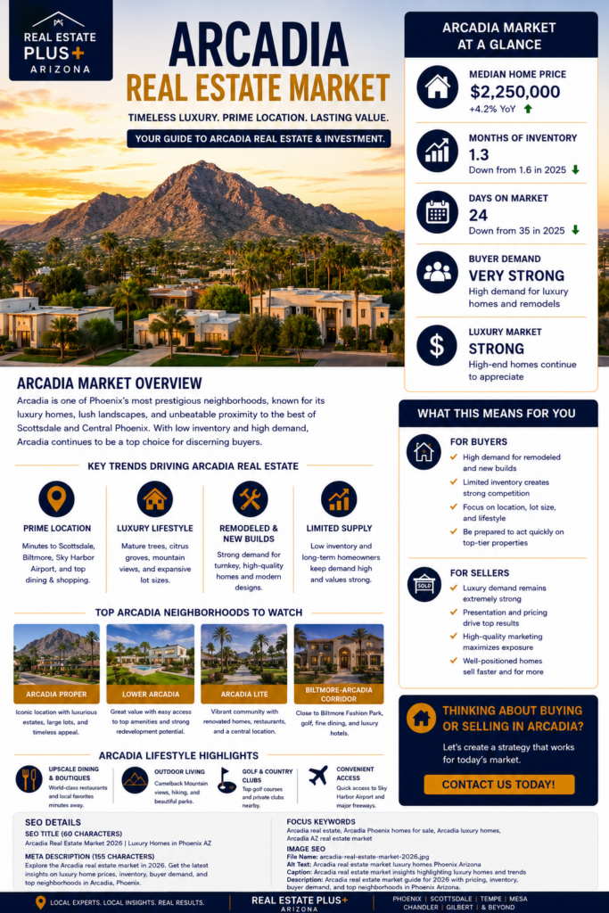 Arcadia Phoenix Arizona real estate market showing luxury homes Camelback Mountain and upscale neighborhoods