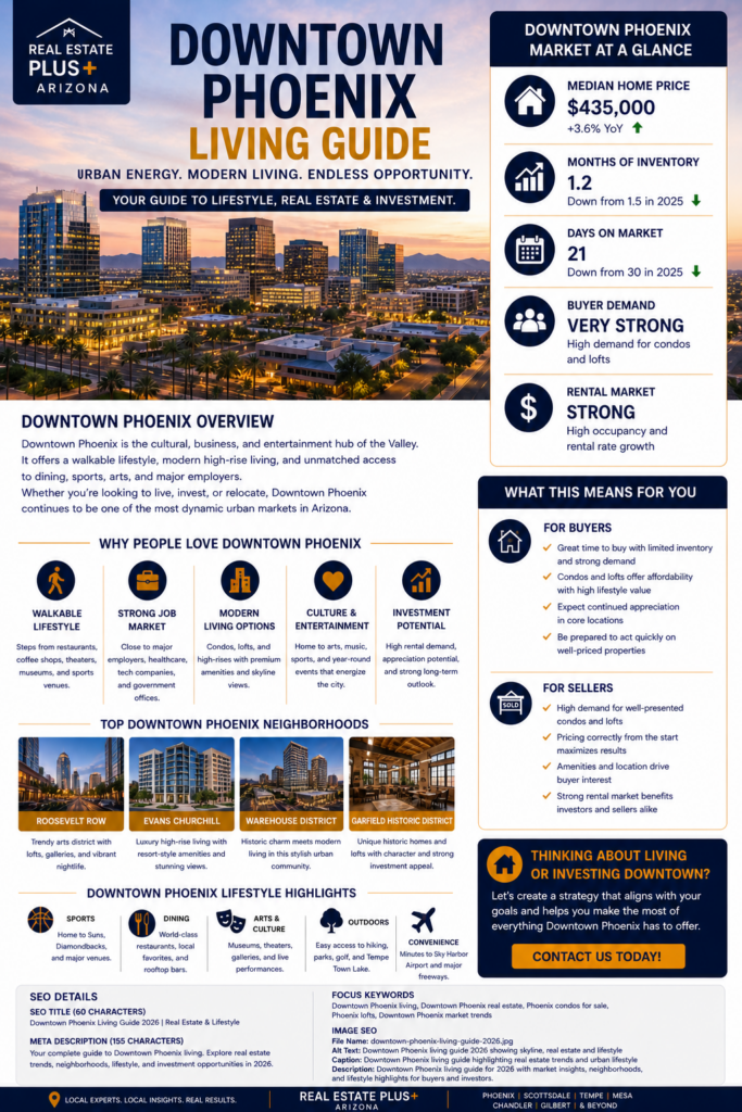 Downtown Phoenix living guide 2026 showing skyline condos lifestyle and real estate trends
