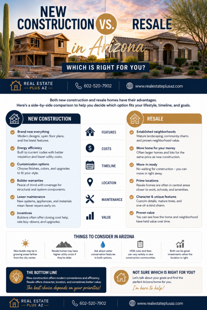New construction vs resale home comparison in Arizona showing a newly built house and an existing resale property