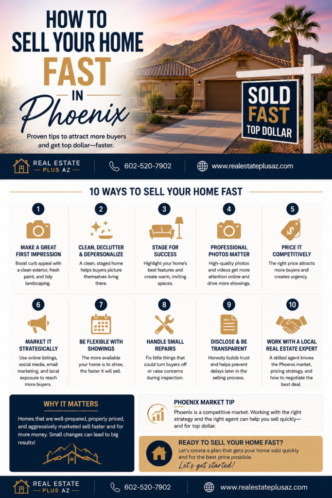 How to sell your home fast in Phoenix guide featuring an Arizona home with sold sign and home selling tips