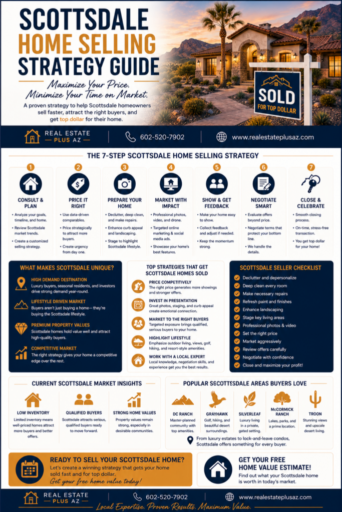 Scottsdale home selling strategy guide infographic showing luxury Arizona real estate marketing and seller tips