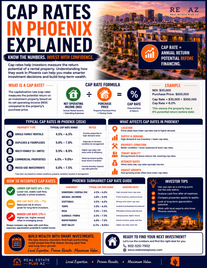 Cap rates in Phoenix explained infographic showing Arizona rental property returns, cap rate formulas, Phoenix investment property analysis, and real estate cash flow metrics.