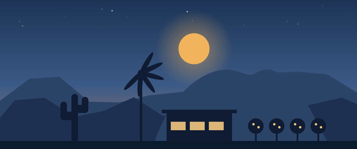 Illustration of the Arcadia neighborhood in Phoenix with Camelback Mountain, citrus trees, and ranch-style homes at dusk.