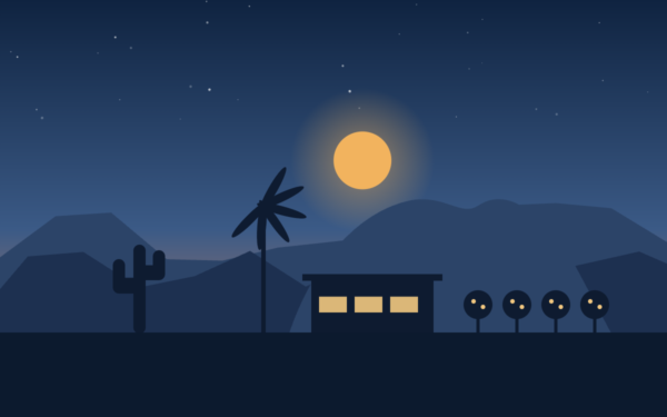 Illustration of the Arcadia neighborhood in Phoenix with Camelback Mountain, citrus trees, and ranch-style homes at dusk.