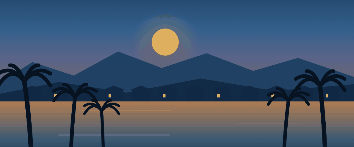 Illustration of the Arrowhead Ranch lake community in Glendale, Arizona, with palm trees and lakefront homes at dusk.