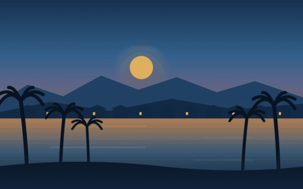 Illustration of the Arrowhead Ranch lake community in Glendale, Arizona, with palm trees and lakefront homes at dusk.