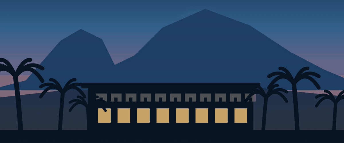 Illustration of the Biltmore area of Phoenix, Arizona, with Camelback Mountain, palm rows, and resort-style architecture.
