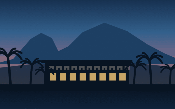 Illustration of the Biltmore area of Phoenix, Arizona, with Camelback Mountain, palm rows, and resort-style architecture.