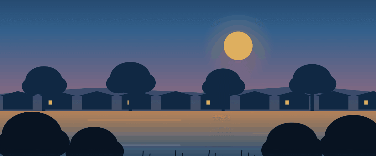 Illustration of Dobson Ranch in Mesa, Arizona, an established lake community with mature shade trees and ranch-style homes.
