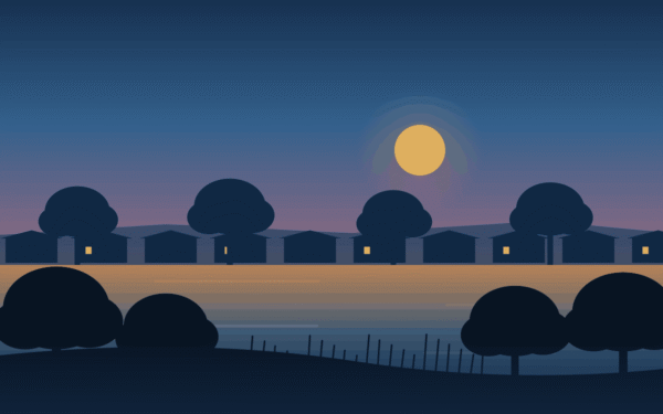 Illustration of Dobson Ranch in Mesa, Arizona, an established lake community with mature shade trees and ranch-style homes.