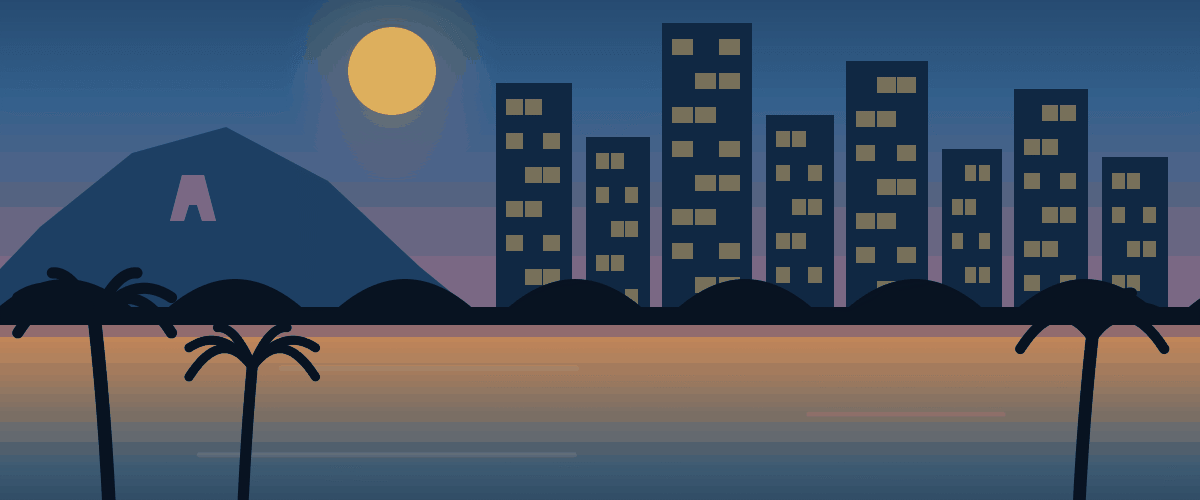 Illustration of Downtown Tempe, Arizona, showing the skyline, Tempe Town Lake, and Hayden Butte at dusk.