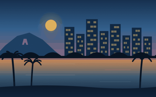 Illustration of Downtown Tempe, Arizona, showing the skyline, Tempe Town Lake, and Hayden Butte at dusk.