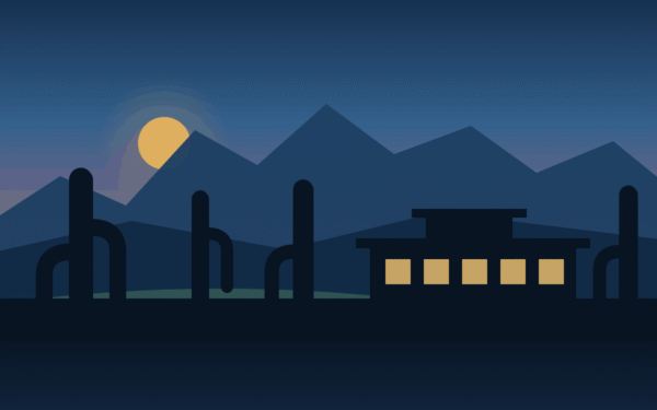 Illustration of North Scottsdale, Arizona, with McDowell Mountain peaks, a golf fairway, saguaro cactus, and a luxury desert home.
