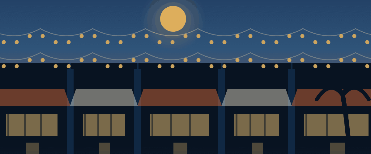 Illustration of Old Town Scottsdale, Arizona, showing an evening streetscape with galleries, storefront awnings, and string lights.