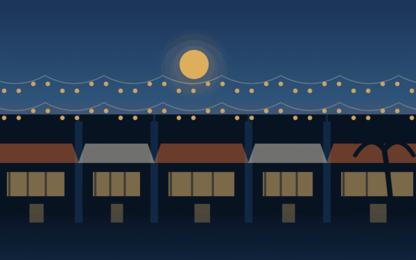 Illustration of Old Town Scottsdale, Arizona, showing an evening streetscape with galleries, storefront awnings, and string lights.