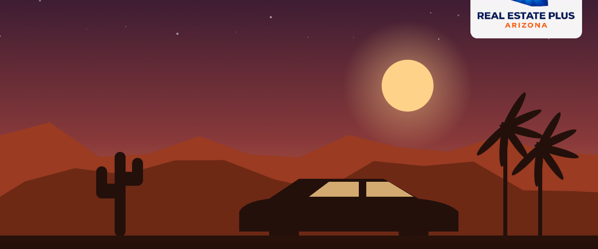 Classic car silhouette with palms at sunset — Real Estate Plus Arizona