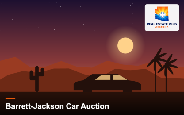 Classic car silhouette with palms at sunset — Real Estate Plus Arizona
