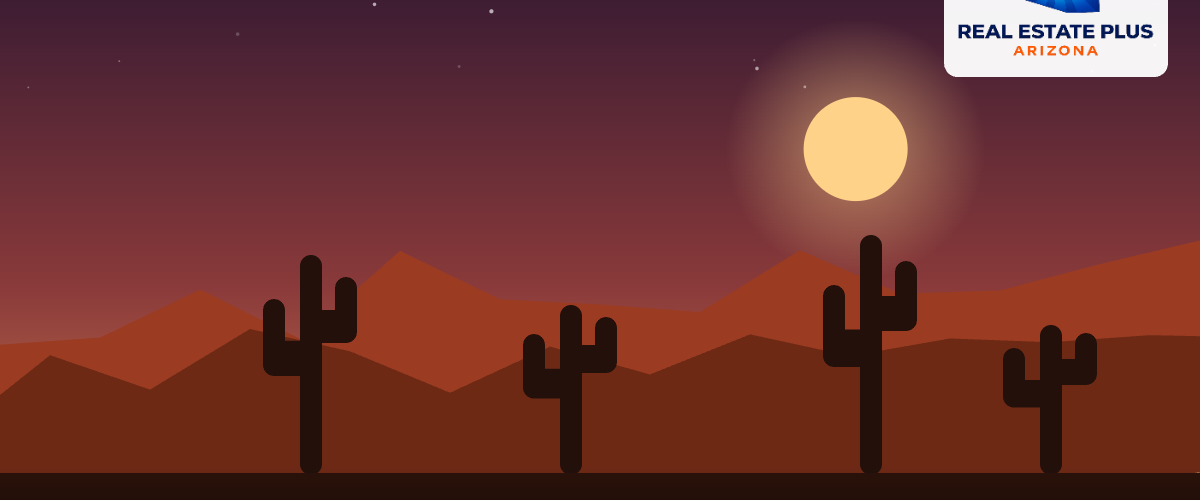 Desert trail with saguaro cactus at sunset โ Real Estate Plus Arizona