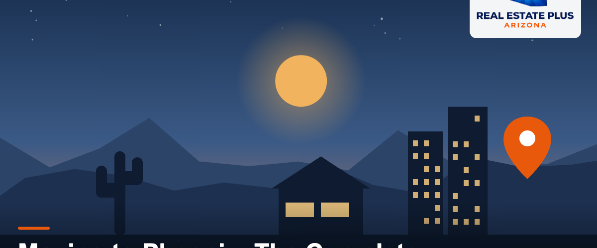 Phoenix homes and skyline with map pin — Real Estate Plus Arizona