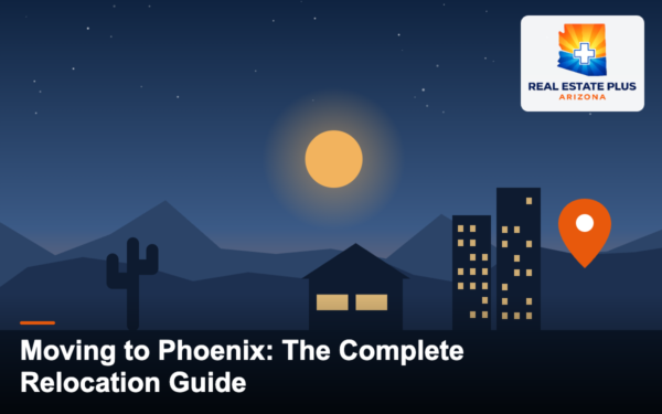 Phoenix homes and skyline with map pin — Real Estate Plus Arizona
