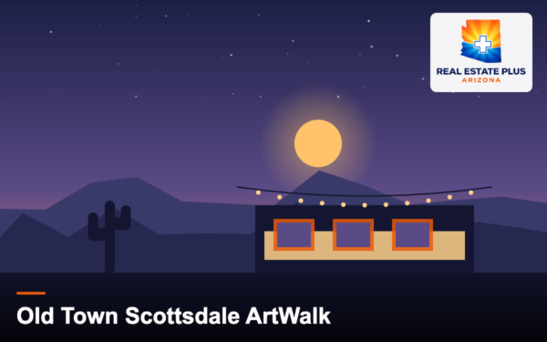 Art gallery windows under string lights — Real Estate Plus Arizona