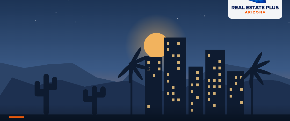 Phoenix skyline at dusk with palms and saguaro — Real Estate Plus Arizona