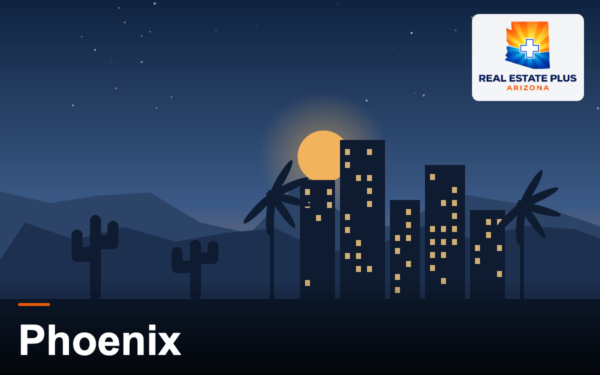 Phoenix skyline at dusk with palms and saguaro — Real Estate Plus Arizona