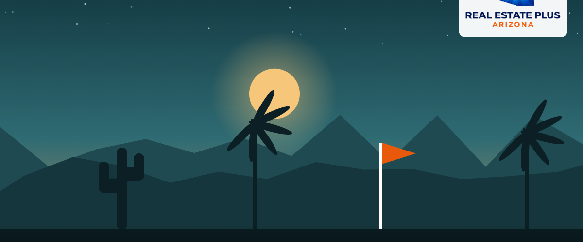Golf green and flag with palms at dusk — Real Estate Plus Arizona