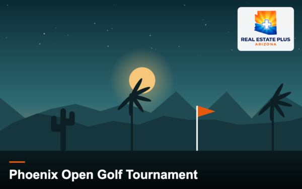 Golf green and flag with palms at dusk — Real Estate Plus Arizona