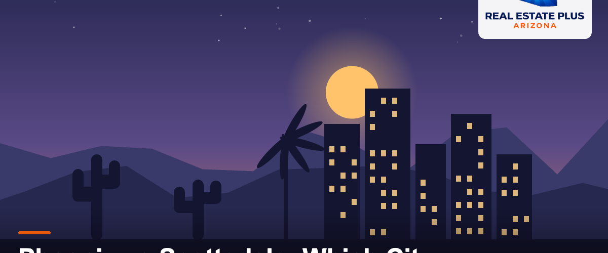 Phoenix and Scottsdale skyline at dusk with palms and saguaro — Real Estate Plus Arizona