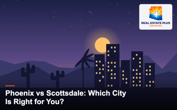 Phoenix and Scottsdale skyline at dusk with palms and saguaro — Real Estate Plus Arizona