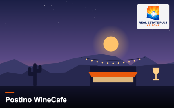 Wine cafe storefront with string lights — Real Estate Plus Arizona