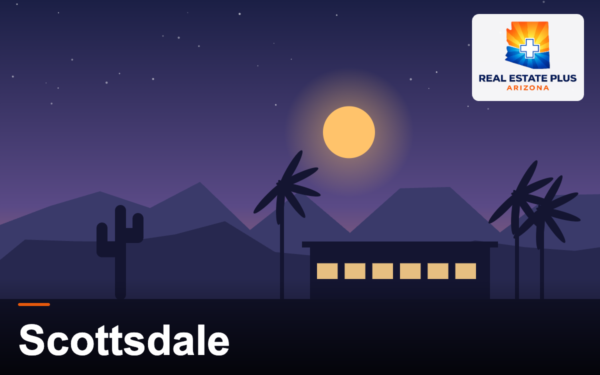 Scottsdale desert home with palms at dusk — Real Estate Plus Arizona