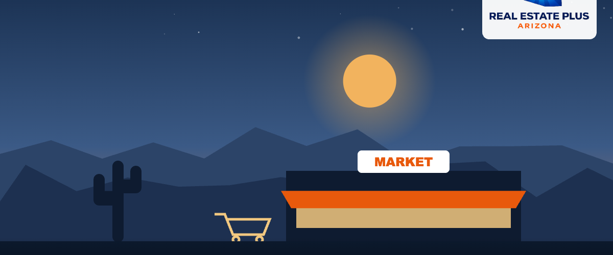 Grocery storefront with cart at dusk โ Real Estate Plus Arizona