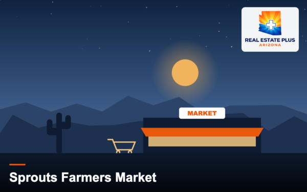 Grocery storefront with cart at dusk — Real Estate Plus Arizona