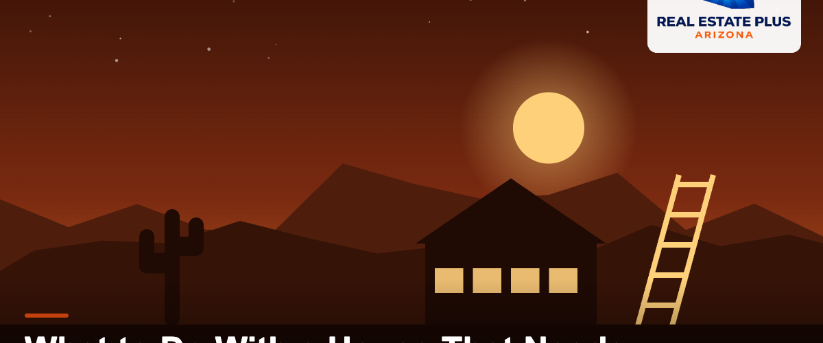 Arizona home with repair ladder at dusk — Real Estate Plus Arizona