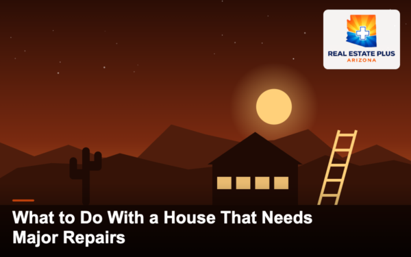 Arizona home with repair ladder at dusk — Real Estate Plus Arizona